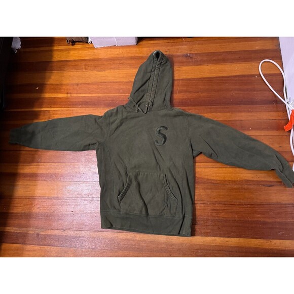 Supreme Tonal S Logo Hoodie Sweatshirt FW17 - Dark Olive Green - Men's Medium - Picture 2 of 11